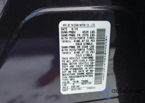 2015 Nissan Rogue Select S z USA, uszkodzony, nr VIN JN8AS5MV6FW767394